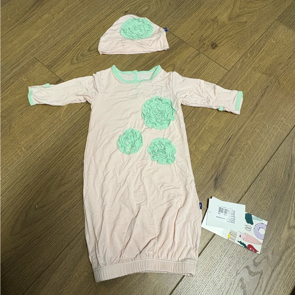 Kickee Pants NWT Layette Gown and Hat Dahlia Pink Mint Sleep Bamboo 0-3M NEW